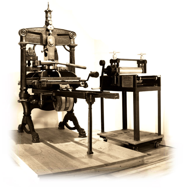 Two of our presses: a circa 1850s Albion letterpress and a Charles Brand intaglio press.